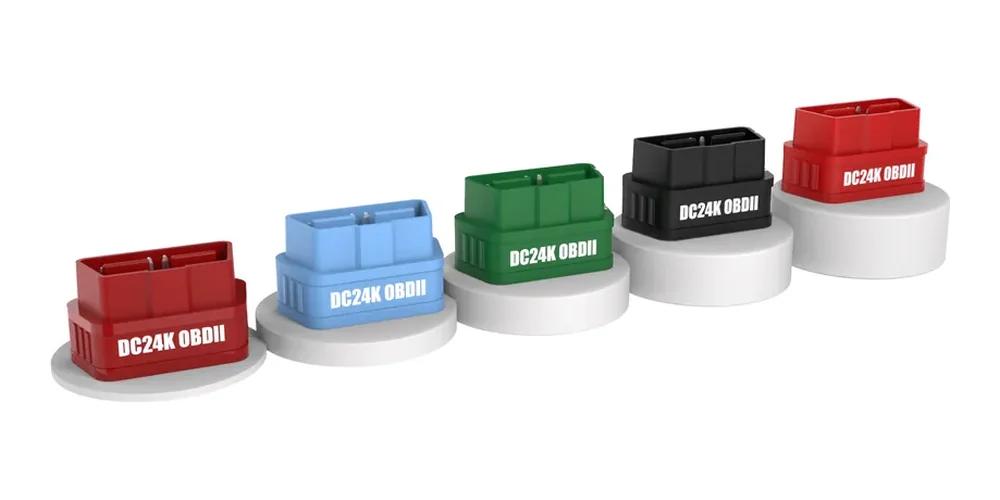 DC24K OBD2 adapters in red, blue, green, black and white housings